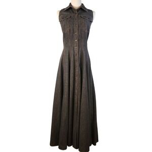 Vintage Karen Alexander Sleeveless Denim Maxi Dress Charcoal Grey Button Front